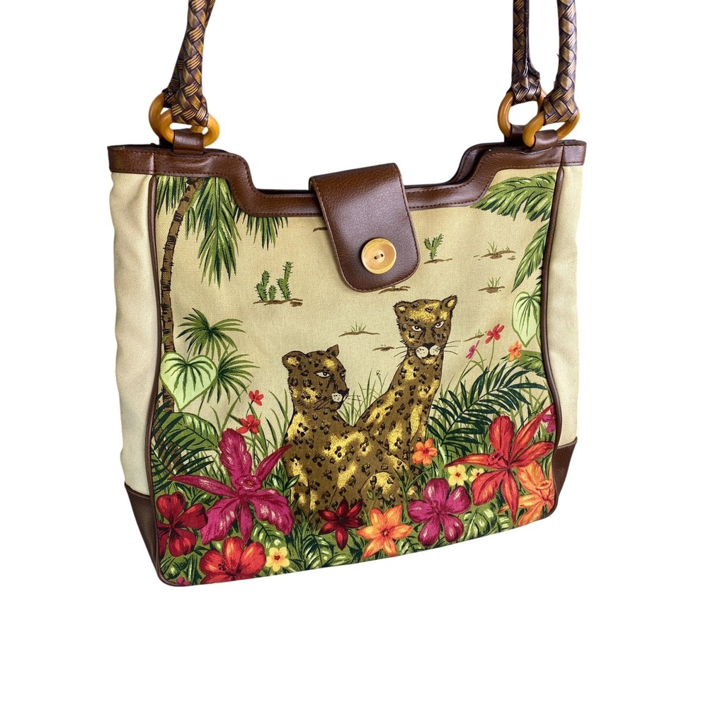 Leopard Tropical Jungle Canvas Tote Bag Brown Braided Straps Wood Rings Tan
